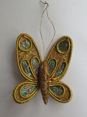 Butterfly Clip On Christmas Ornament Japan Gold & Iridescent Cord Paper Vtg MCM